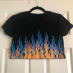 Black Crop Top Baby Tee Orange & Blue Flames